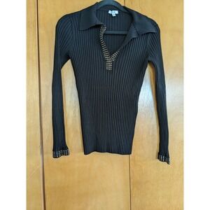 Cache Womens Black Ribbed‎ Knit Studded V-Neck Collared Sweater Top Medium